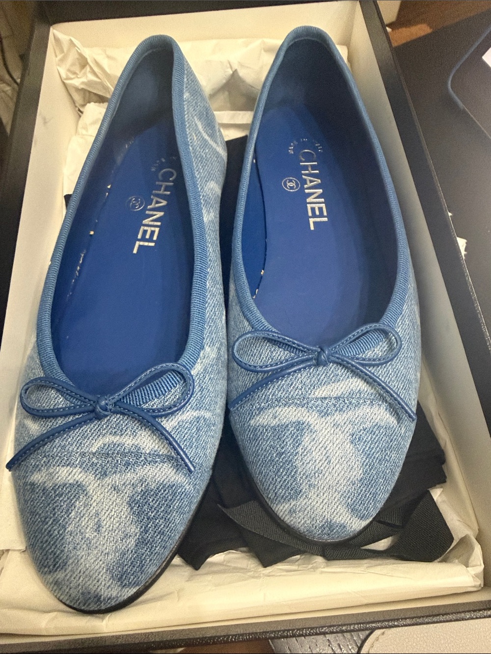 CHANEL Denim Blue Quilted Ballerina Flats with Bow Trim